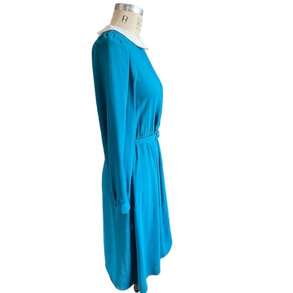 Vintage 70s 80s Turquoise Sheer Fit & Flare Knee Length Collared Dress Size 8 - Picture 2 of 7